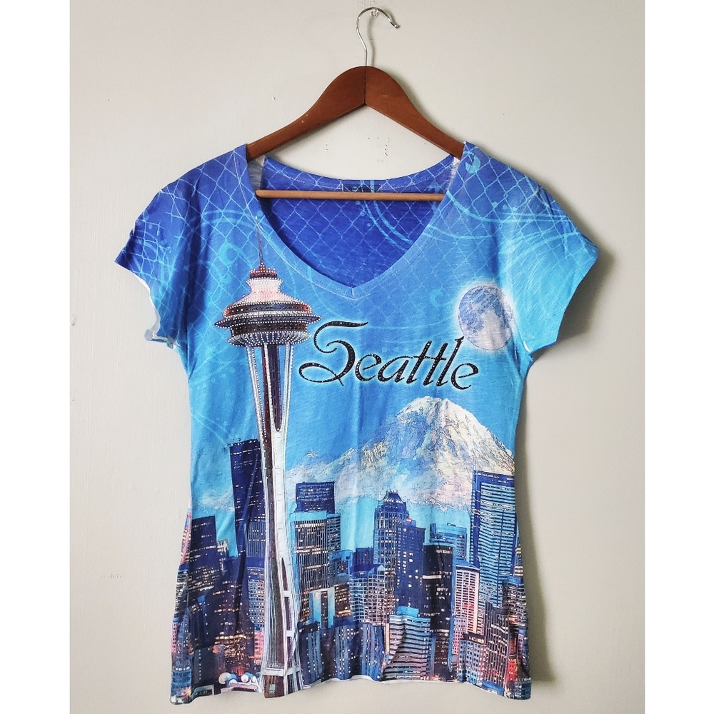 Seattle Space Needle Souvenir Short Sleeve Blouse Shirt Top